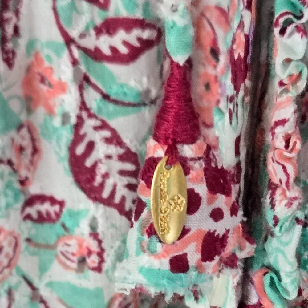 Poupette St Barth Eyelet Prairie Maxi Dress Women Floral Button Up Ruffles XL